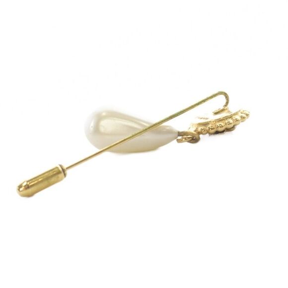 Chanel Clover Faux Pearl Pin Brooch Gold Color Black - Picture 2 of 6